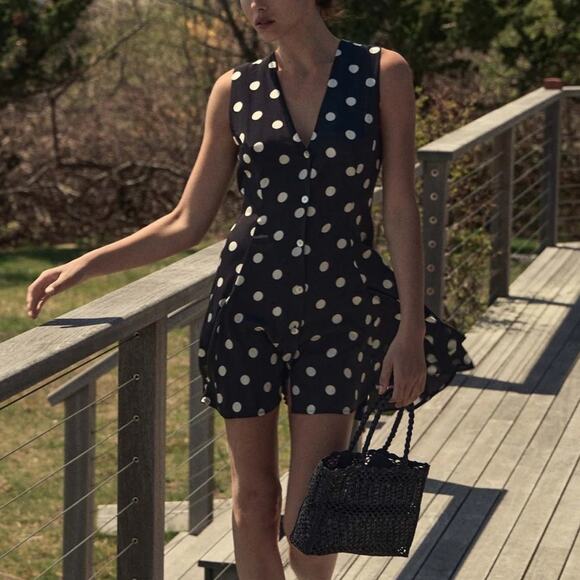 Doen Aubrey Silk Polka Dot V Neck Button Pleated Mini Dress Solstice Sky - Picture 2 of 16